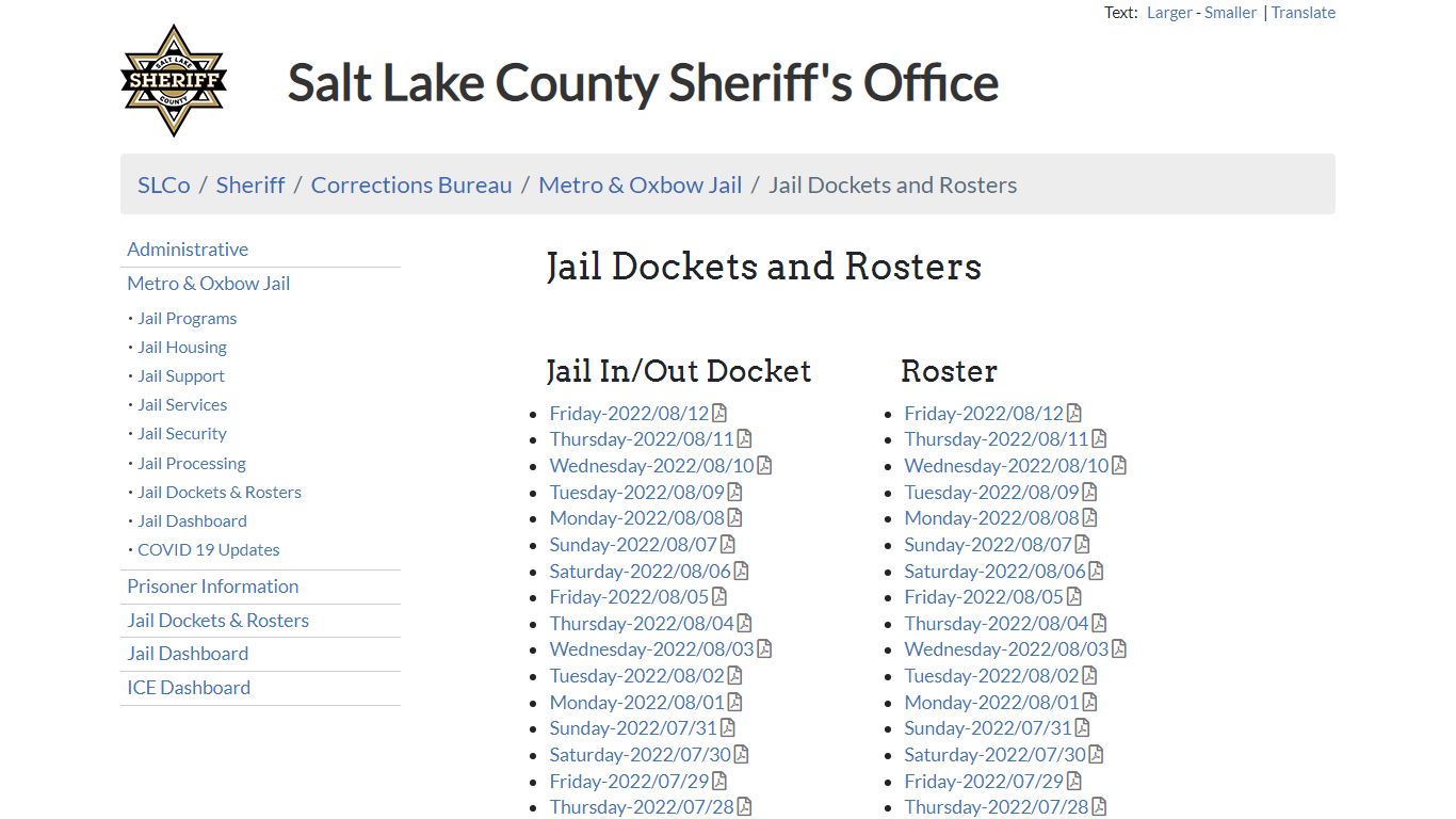 Jail Dockets and Rosters - Sheriff | SLCo